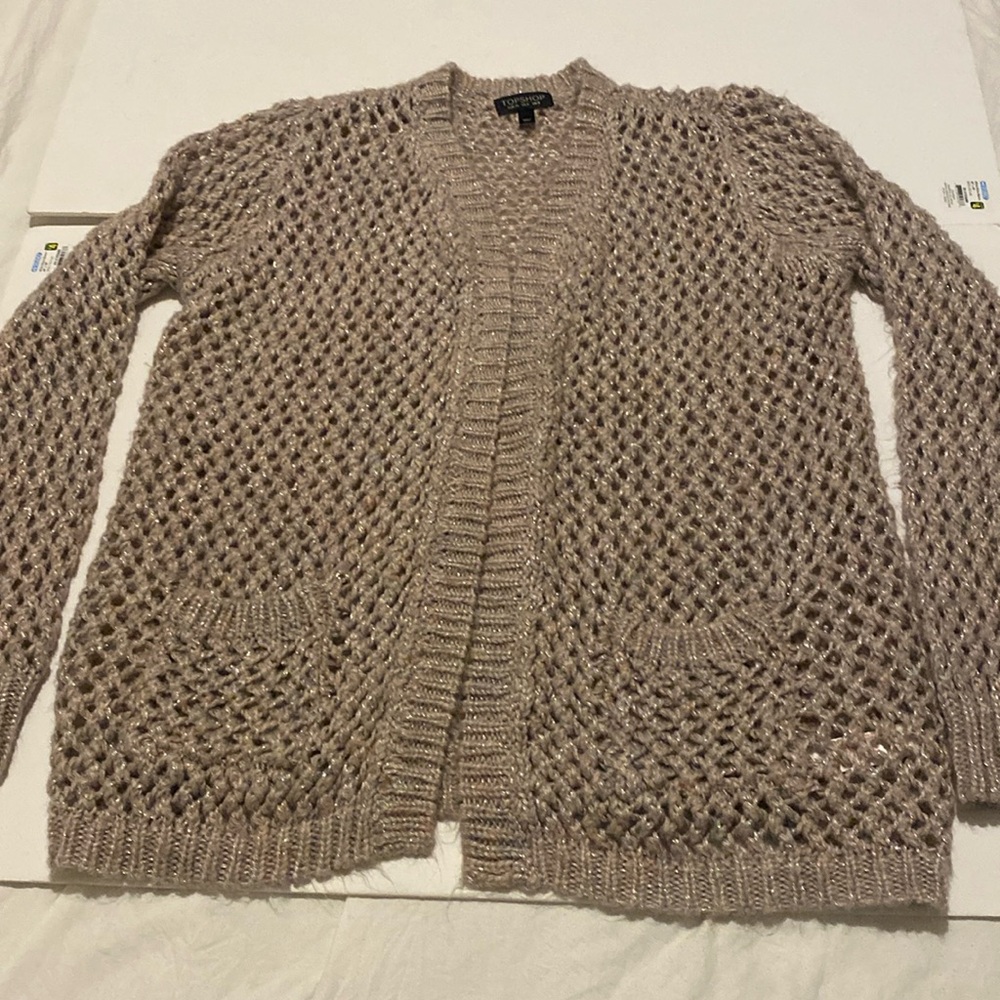 Topshop pink and grey metallic loose knit open cardigan